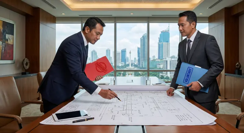 Konsultan ISO dan Direktur Perusahaan membandingkan dokumen kepatuhan wajib SMK3 dan kepatuhan sukarela ISO 45001.