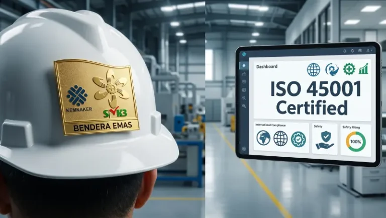 Helm proyek dengan pin Bendera Emas SMK3 disandingkan dengan sertifikat digital ISO 45001.