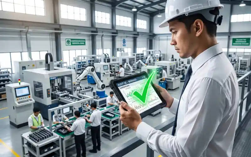 Auditor sistem manajemen mutu memastikan standar operasional perusahaan berjalan sesuai ISO 9001.