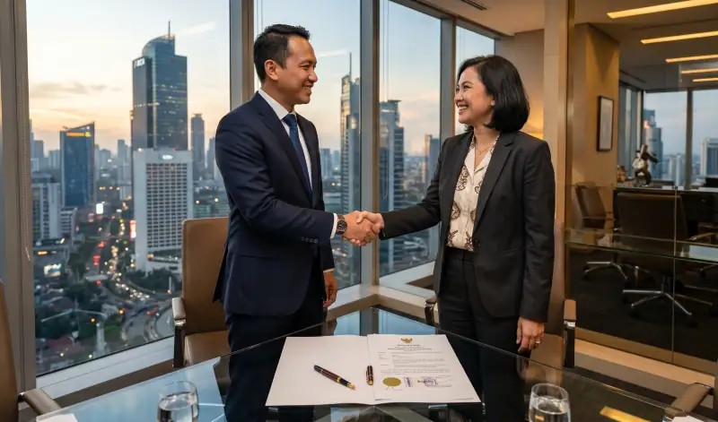 Dua pendiri perusahaan sedang bersalaman setelah melunasi biaya pembuatan CV di hadapan notaris hukum.