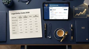 Dokumen rincian biaya pembuatan PT, CV, dan UD di atas meja kerja konsultan legalitas bersama tablet yang membuka portal OSS RBA.