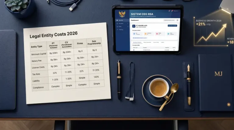 Dokumen rincian biaya pembuatan PT, CV, dan UD di atas meja kerja konsultan legalitas bersama tablet yang membuka portal OSS RBA.