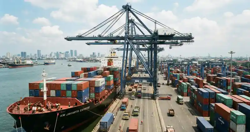 Aktivitas bongkar muat peti kemas di pelabuhan, merepresentasikan kelancaran logistik dan tata niaga melalui jasa pengurusan izin usaha industri PT HEG.