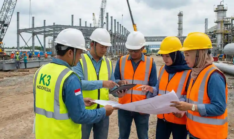Tim petugas keselamatan dan insinyur berdiskusi di lokasi proyek konstruksi, merepresentasikan penerapan standar kepatuhan melalui jasa sertifikasi K3 PT HEG.