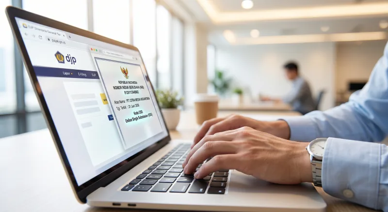 Pengusaha sedang mengakses sistem OSS dan DJP untuk melihat biaya pembuatan NIB dan NPWP perusahaan secara online.