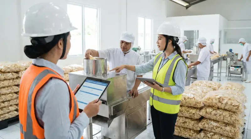 Konsultan mutu melakukan inspeksi lapangan dan gap analysis di fasilitas produksi, merepresentasikan pendampingan jasa sertifikasi ISO terintegrasi dari PT HEG.